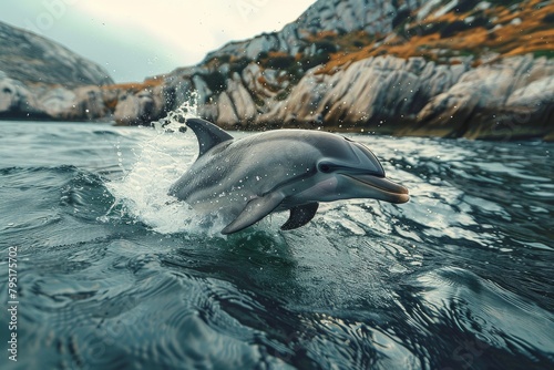 An immersive photograph exhibiting a dolphin navigating wild waters near a rocky shore © Larisa AI