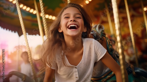 A happy young girl expressing excitement while on a colorful carousel, merry-go-round, having fun at an amusement park. © hamad