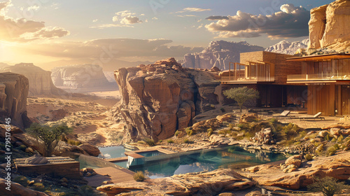 A tranquil oasis nestled within an ancient desert canyon, its ochre cliffs bathed in the soothing hues of a desert sunset, a haven of tranquility amidst the arid wilderness.