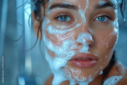 A close-up of a young woman's face covered in water droplets, emoting tranquility