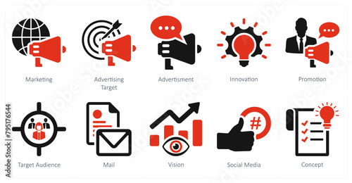 A set of 10 branding icons as marketing, advertising target, advertisement