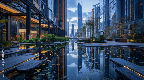 A tranquil oasis nestled within a canyon of glass and steel, its towering skyscrapers reflecting the shifting hues of a twilight sky, a sanctuary amidst the urban jungle.