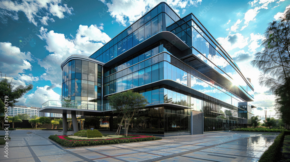 A large glass building with a green roof and a large glass window A large glass building with a green roof and a large glass window