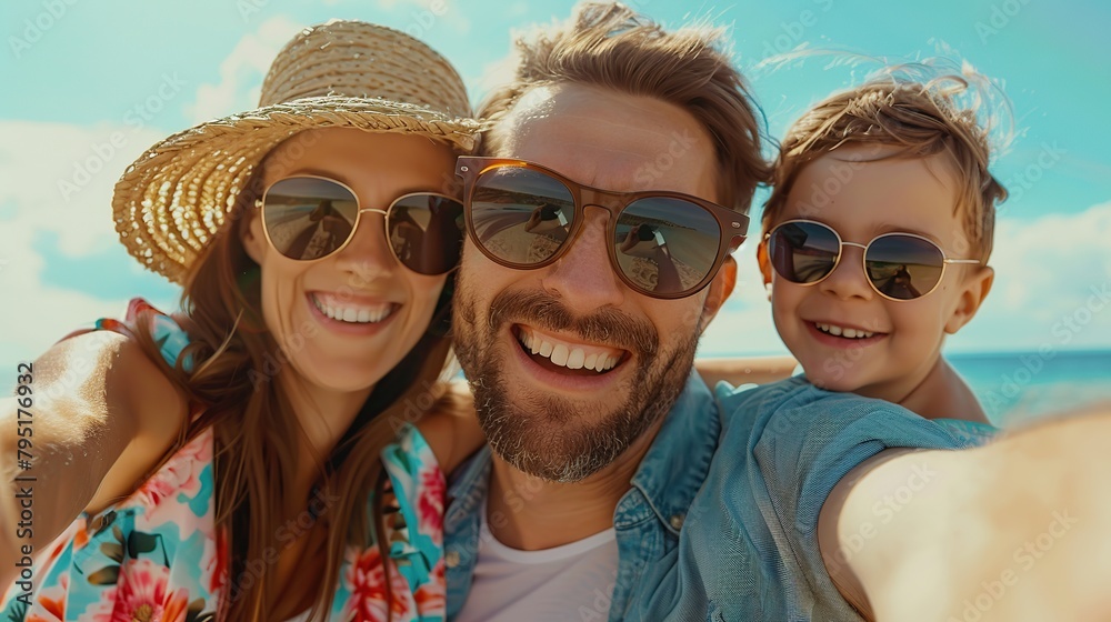 Happy family spend good time on the beach together taking selfie. copy space for text.