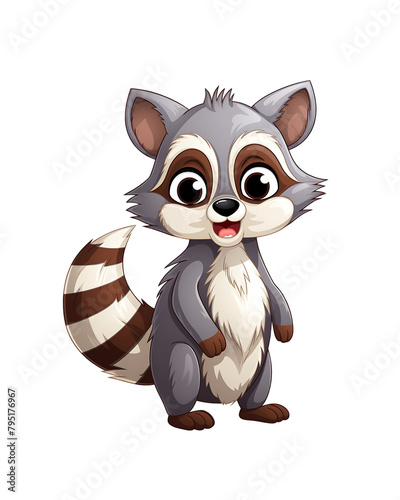 An endearing cartoon raccoon with striking black markings and a fluffy tail, sitting and smiling. Generative AI