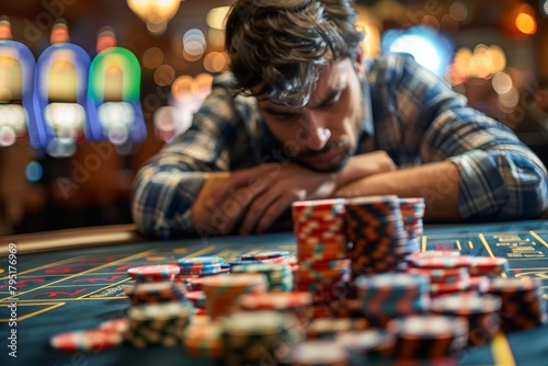 An intense scene portraying an overwhelmed man slumped at a poker table surrounded by stacks of gambling chips