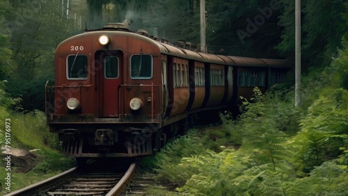 an apocalyptic train, desolate and overrun by nature, in rust red and forest green color palette, set against an overgrown railway background