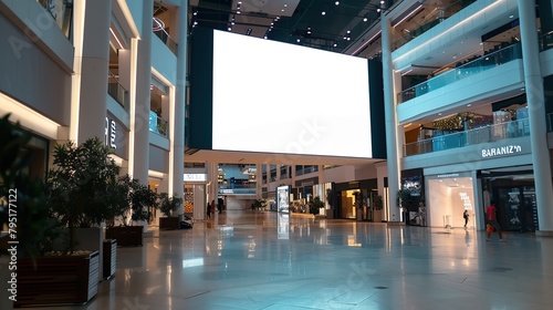 Indoor shopping mall advertising billboard, large video promotion LED white screen in public space area. copy space for text. photo