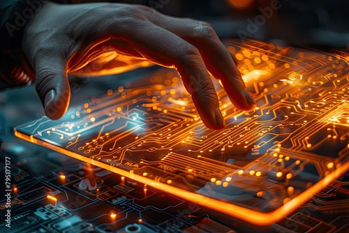 A hand is touching a glowing circuit board. Concept of curiosity and wonder as the viewer imagines the intricate workings of the electronic device photo