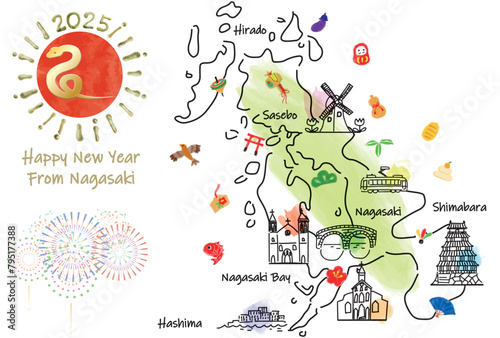 長崎県の観光地のイラストマップ年賀状2025年