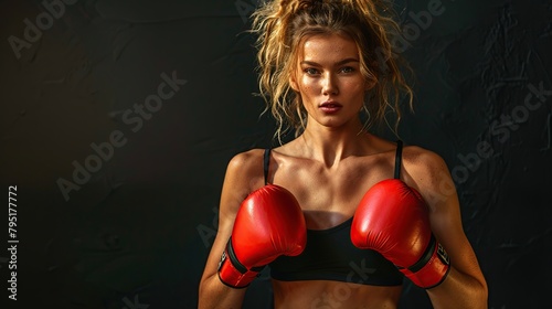 Kickboxing woman in activewear and red kickboxing gloves. copy space for text. © Naknakhone