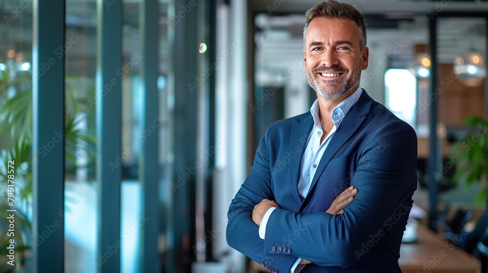 Portrait of happy businessman with arms crossed standing in office. Image of handsome businessman wearing suit. copy space for text Portrait of happy businessman with arms crossed standing in office. Image of handsome businessman wearing suit. copy space for text