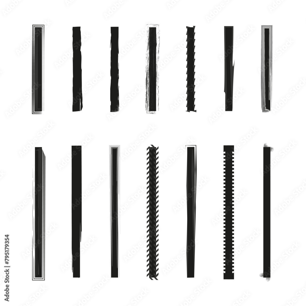 Abstract vertical lines set. Grunge stripes collection. Textured streaks. Paintbrush line art. Vector illustration. EPS 10. Abstract vertical lines set. Grunge stripes collection. Textured streaks. Paintbrush line art. Vector illustration. EPS 10.