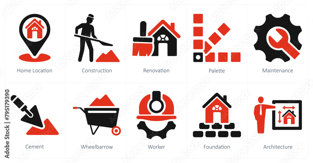 A set of 10 build icons as home location, construction, renovation A set of 10 build icons as home location, construction, renovation
