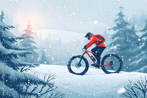 Snowy Trails and Forests: An Illustrated Adventure of Winter Cycling. Generative AI © masanyanka