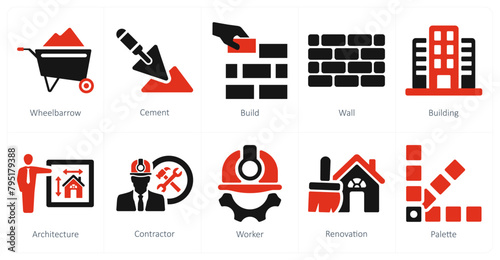 A set of 10 build icons as wheel barrow, cement, build photo