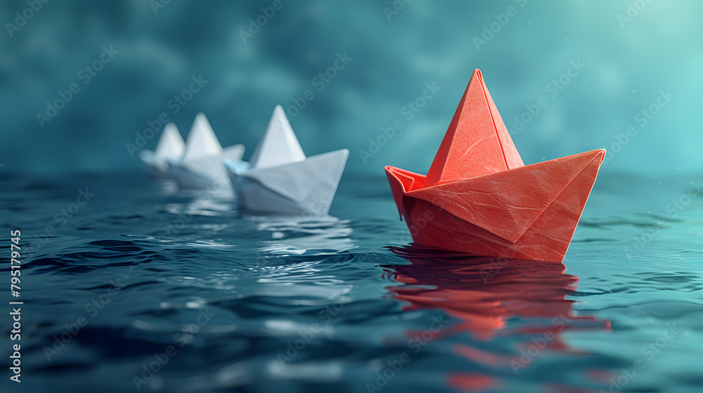 A group of white paper ships in one direction and one red paper ship pointing in different ways on a blue background. Business for innovative solution concept. A group of white paper ships in one direction and one red paper ship pointing in different ways on a blue background. Business for innovative solution concept.