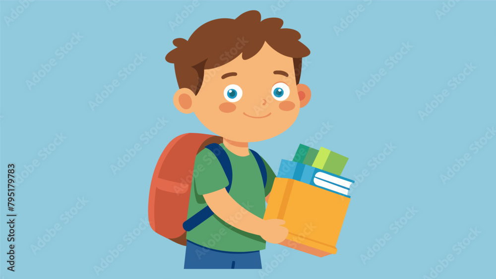 A young boy proudly carries a backpack filled with school supplies ready to donate it to children in need for his first charitable act. A young boy proudly carries a backpack filled with school supplies ready to donate it to children in need for his first charitable act.