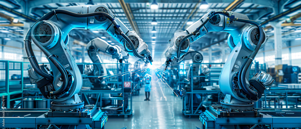 Robotic Automation in Manufacturing, Industrial Robots at Work in an Automotive Factory