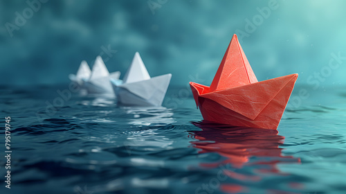 A group of white paper ships in one direction and one red paper ship pointing in different ways on a blue background. Business for innovative solution concept.