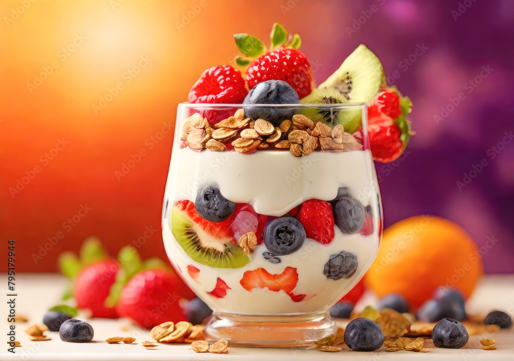 Greek yogurt parfait with fresh berries and granola in glass. Granola with yogurt and nuts. Healthy breakfast concept Greek yogurt parfait with fresh berries and granola in glass. Granola with yogurt and nuts. Healthy breakfast concept