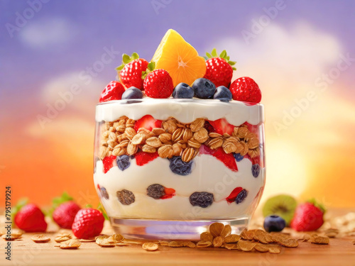 Greek yogurt parfait with fresh berries and granola in glass. Granola with yogurt and nuts. Healthy breakfast concept