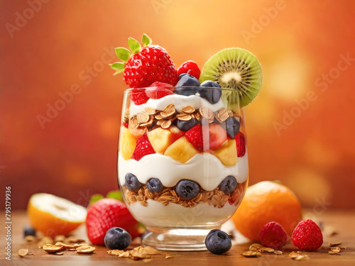 Greek yogurt parfait with fresh berries and granola in glass. Granola with yogurt and nuts. Healthy breakfast concept