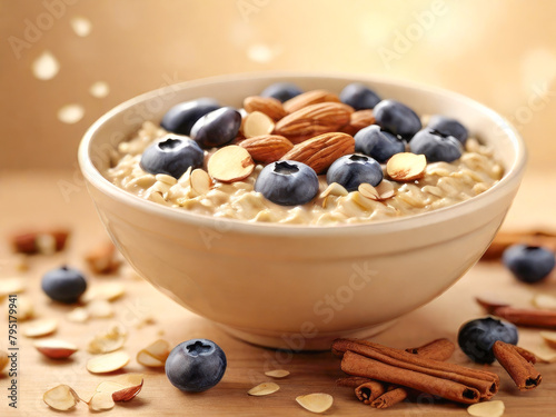 Cozy oatmeal bowl scene, showing creamy oatmeal. sliced ​​almonds, cinnamon sticks, fresh blueberries, and a drizzle of honey