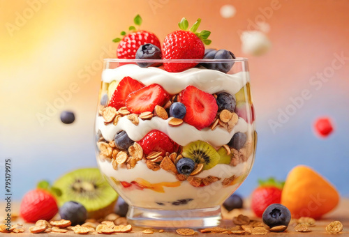 Greek yogurt parfait with fresh berries and granola in glass. Granola with yogurt and nuts. Healthy breakfast concept