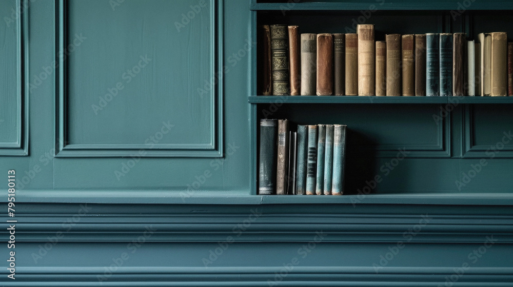 A blue wall with a shelf of books on it A blue wall with a shelf of books on it