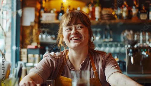 A woman with a smile on her face is sitting at a bar