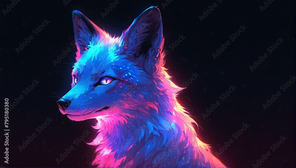 portrait of blue holographic glowing neon fox on dark background from Generative AI