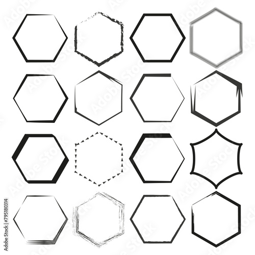 Set of hexagonal outline shapes. Geometric design elements. Abstract polygonal frames. Vector illustration. EPS 10.