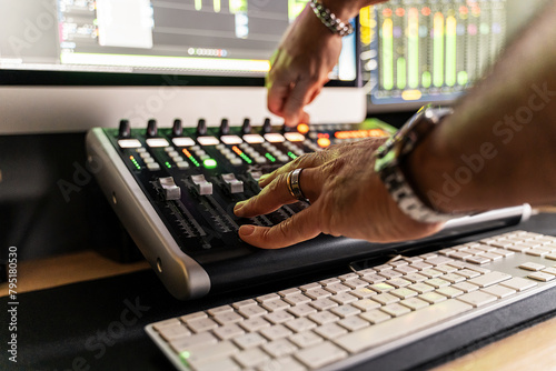 Close-up of sound engineer hands adjusting controls on a sound mixing console - precision and expertise in music audio recording and production.