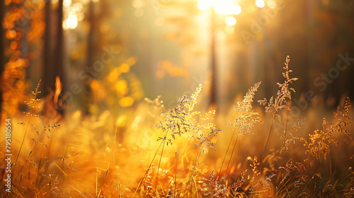 Yellow autumn grass in a forest at sunrise