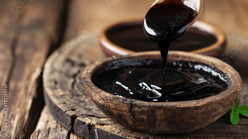 Thick, dark molasses pours slowly into a wooden bowl, highlighting its viscous texture against a rustic backdrop.