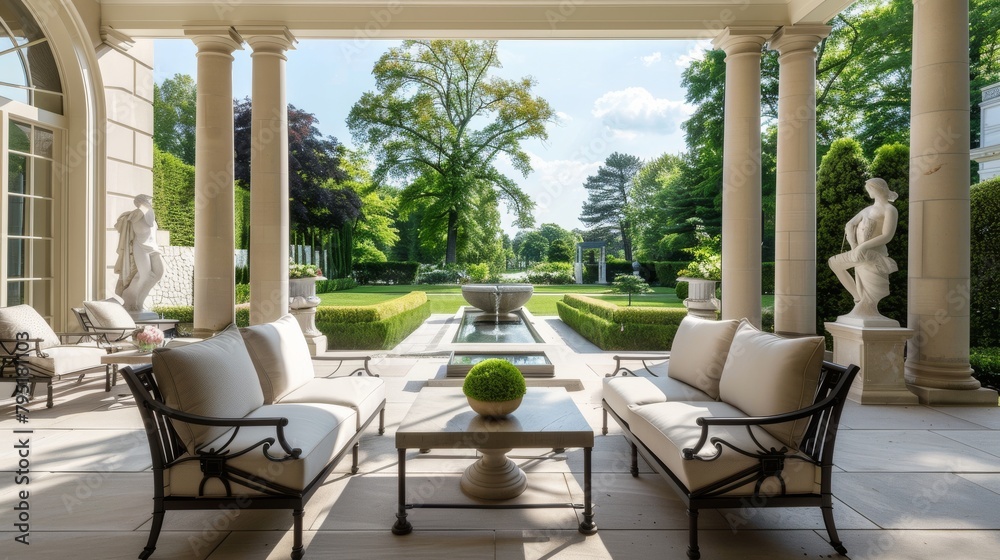 Obraz premium Elegant neoclassical terrace with luxurious decor and serene garden views