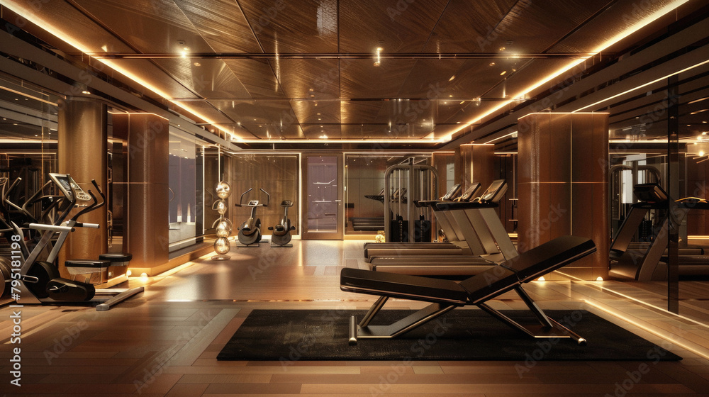 A gym with a lot of equipment and a black lounge chair A gym with a lot of equipment and a black lounge chair