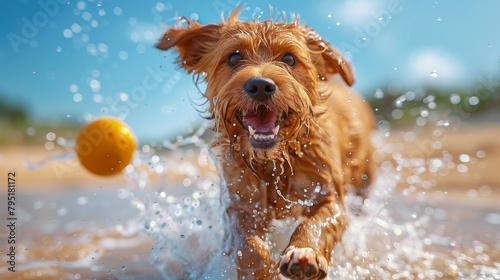 Joyful Dog Chasing Ball at the Beach 