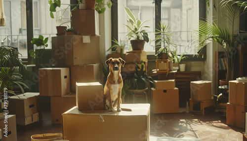 A dog is sitting on top of a stack of cardboard boxes