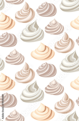 Vector seamless pattern with cartoon meringues and creams on white background. Texture with sweet vanilla toppings. Wallpaper with tasty food (ID: 795181300)