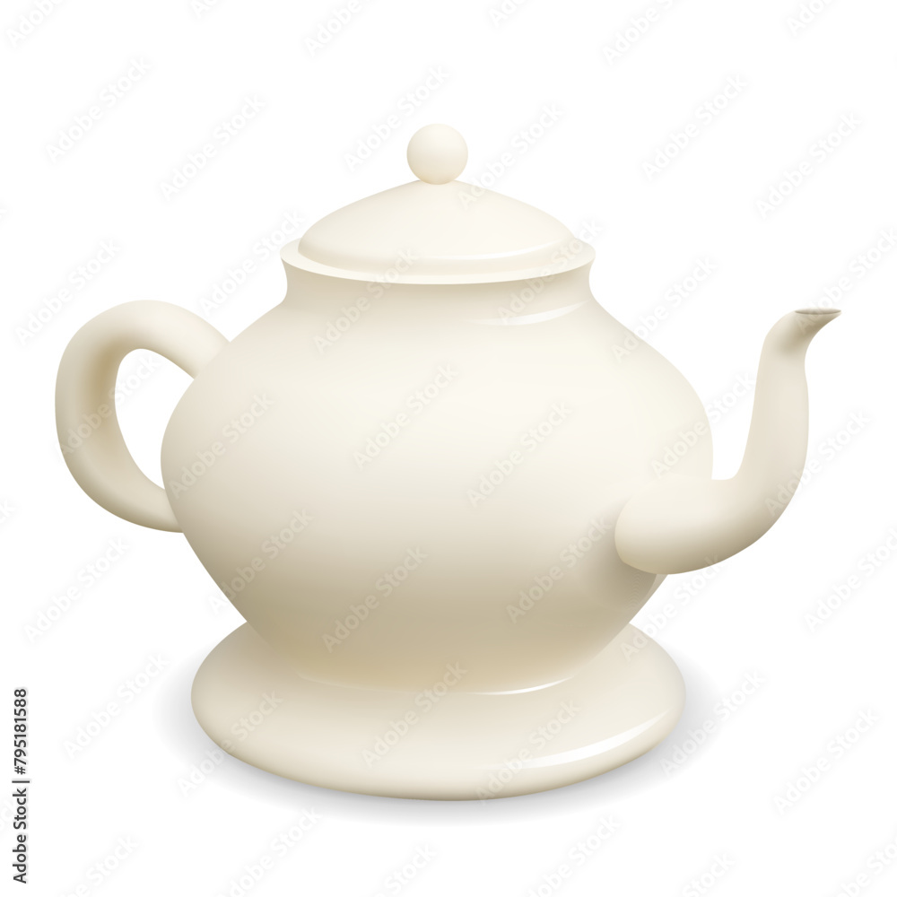 Vector realistic 3D illustration of a white porcelain teapot isolated from the background. Homemade teakettle. Crockery on white background Vector realistic 3D illustration of a white porcelain teapot isolated from the background. Homemade teakettle. Crockery on white background