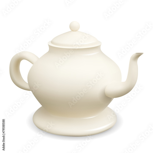 Vector realistic 3D illustration of a white porcelain teapot isolated from the background. Homemade teakettle. Crockery on white background (ID: 795181588)