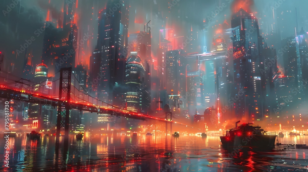A rain-drenched cybercity with a vividly lit bridge and skyline, reflections shimmering on the water's surface, Digital art style, illustration painting.