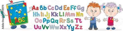 Funny cartoony ABC book with colorful letters of alphabet and happy little schoolchildren at English lesson in elementary school, vector cartoon illustration isolated on a white background