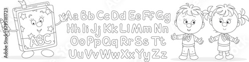 Funny cartoony ABC book with letters of alphabet and happy little schoolchildren at English lesson in elementary school, black and white outline vector illustration for a coloring book