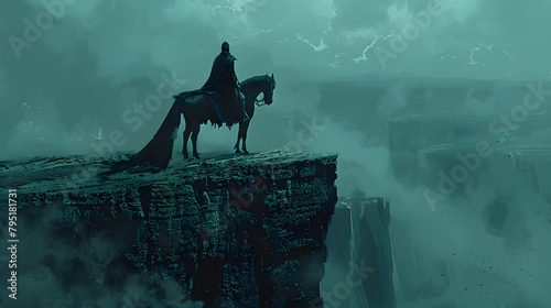 A solitary knight astride a horse stands on the precipice, gazing into a vast abyss, surrounded by ethereal mists and broken landscapes, Digital art style, illustration painting.