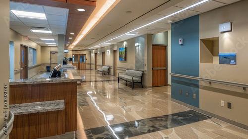A hospital lobby with a counter and a few chairs