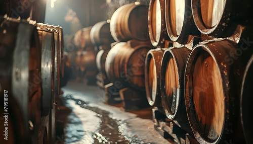 A long row of wooden barrels with a dark, almost black, hue