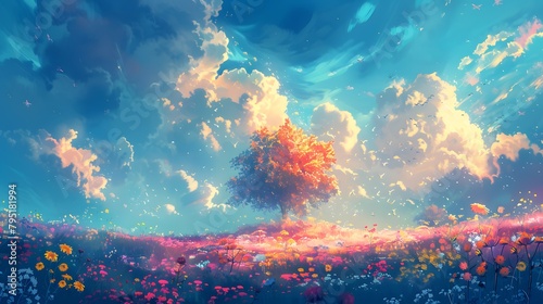 A single tree stands vibrant and resplendent amongst a sea of wildflowers  bathed in the soft light of a surreal  dreamy sky  Digital art style  illustration painting.